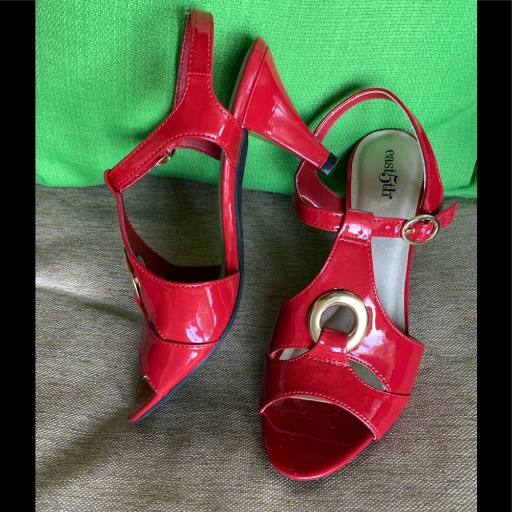 Red, Paten leather, open toe/heel shoe Price ⬇️ 3” Heel,